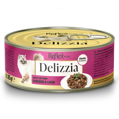 Delizzia komadići piletine i jetrice u umaku hrana za odrasle mačke 85 g